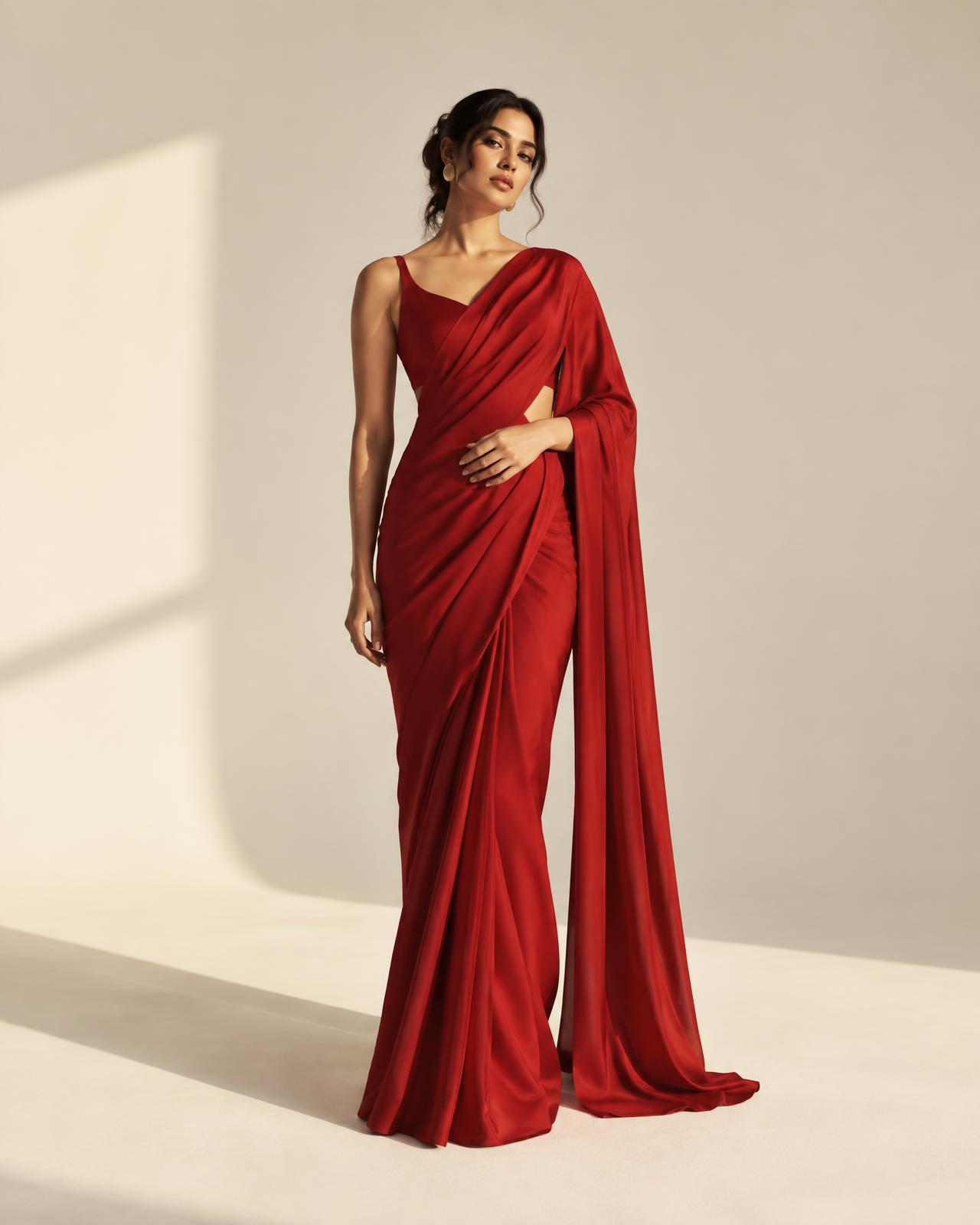 Woman in a sculptural cherry-red sari
