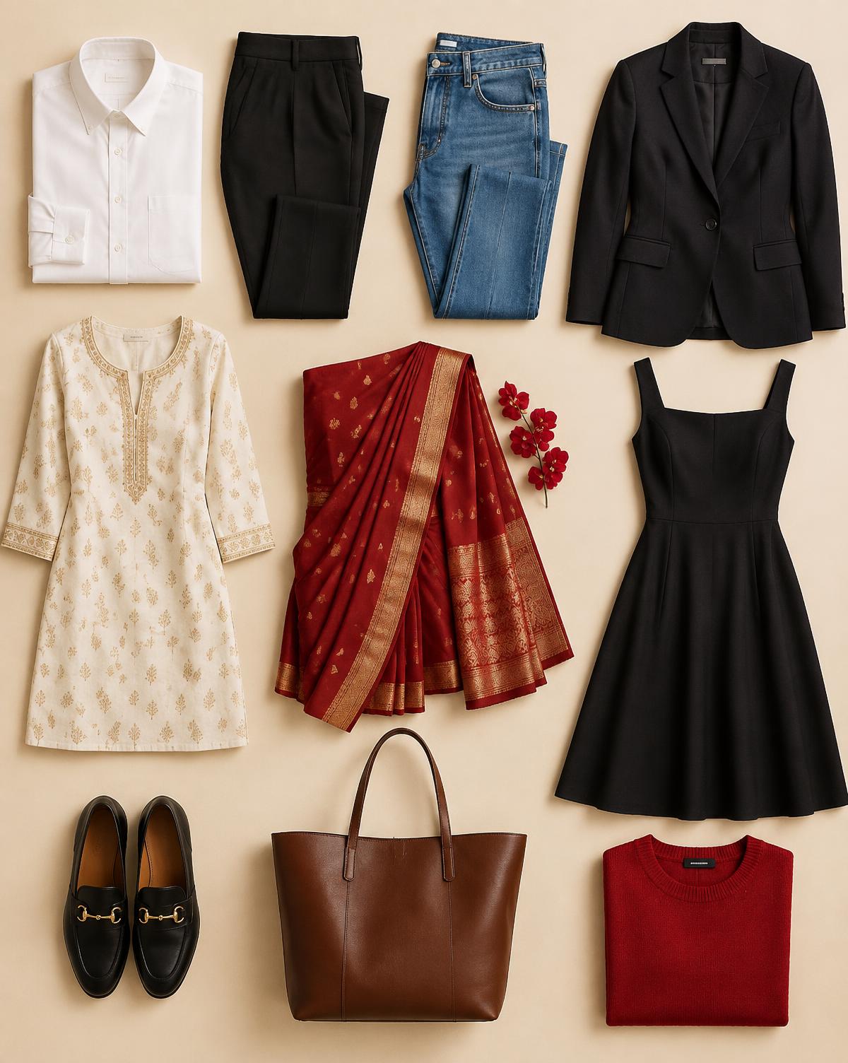 Ten capsule wardrobe essentials arranged on a cream background