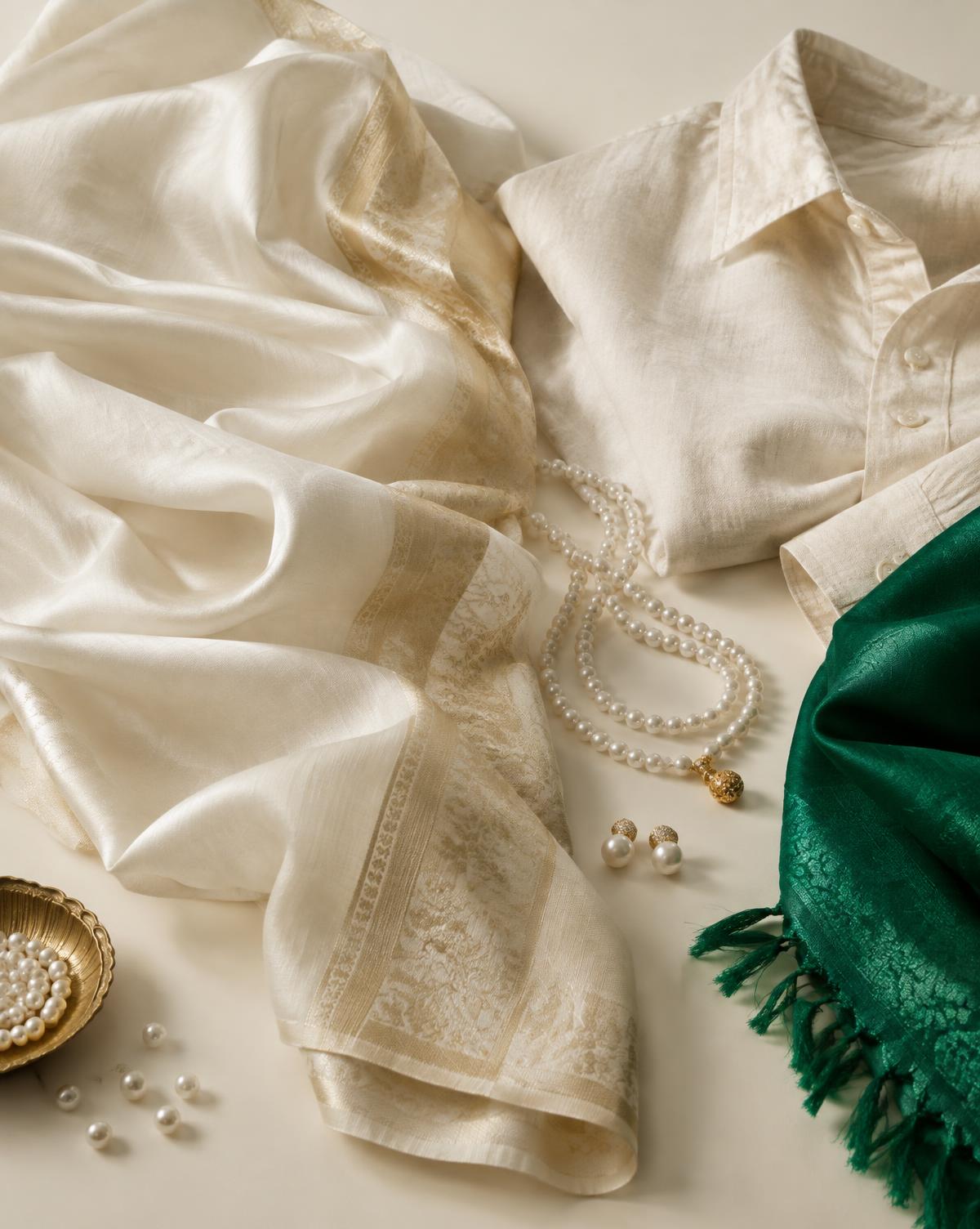 Ivory silk and linen with pearls and emerald fabric