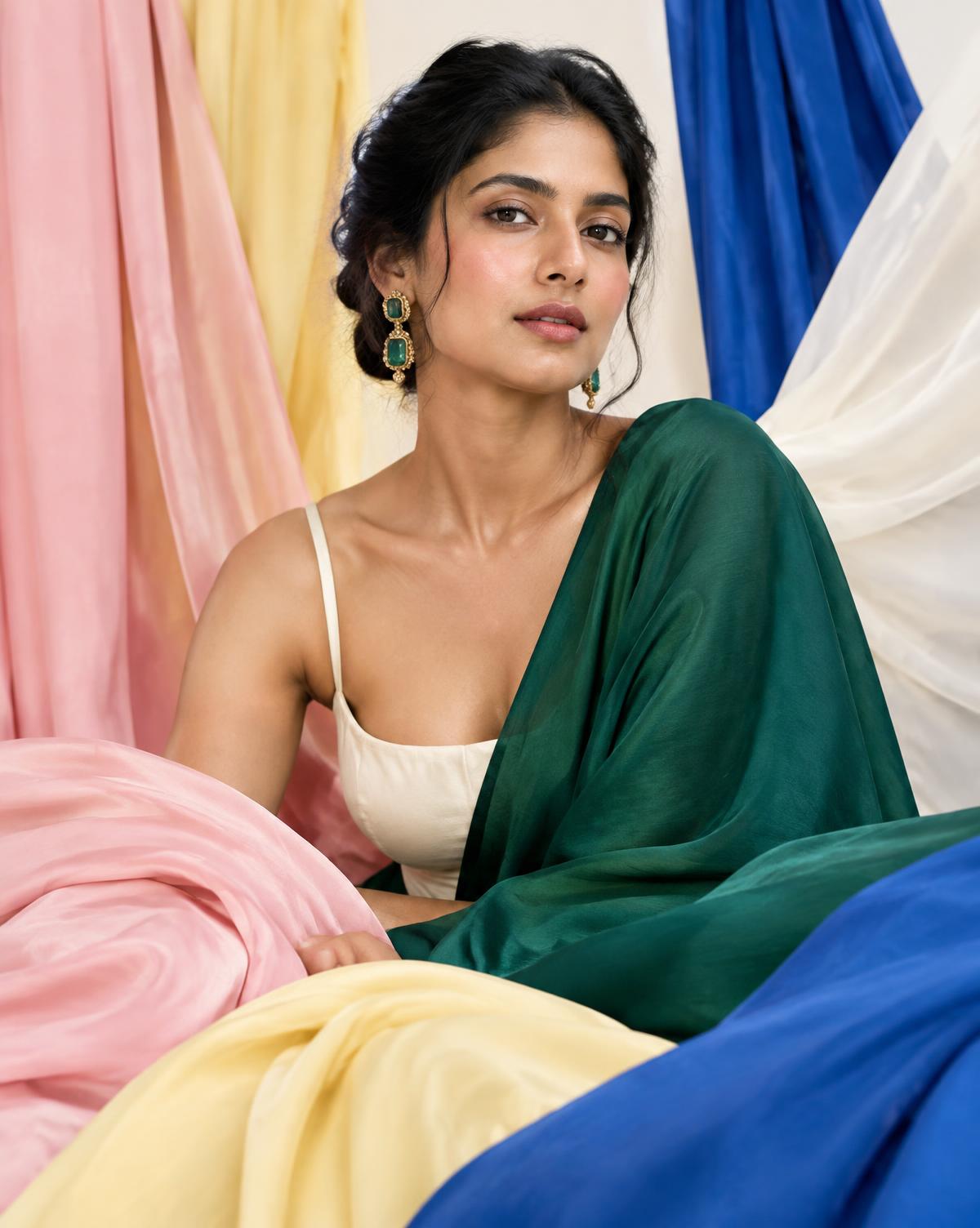 Woman framed by blush, yellow, blue, emerald and white fabrics