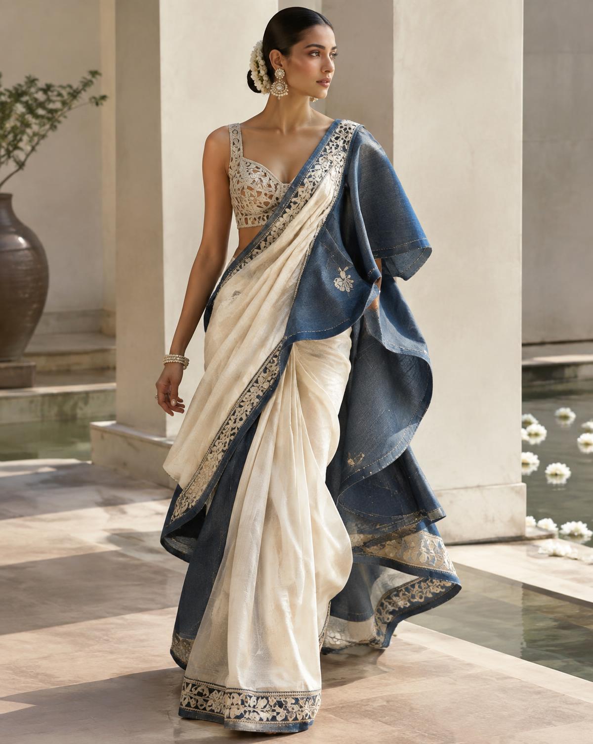 Woman in an ivory sari with a sculptural blue drape