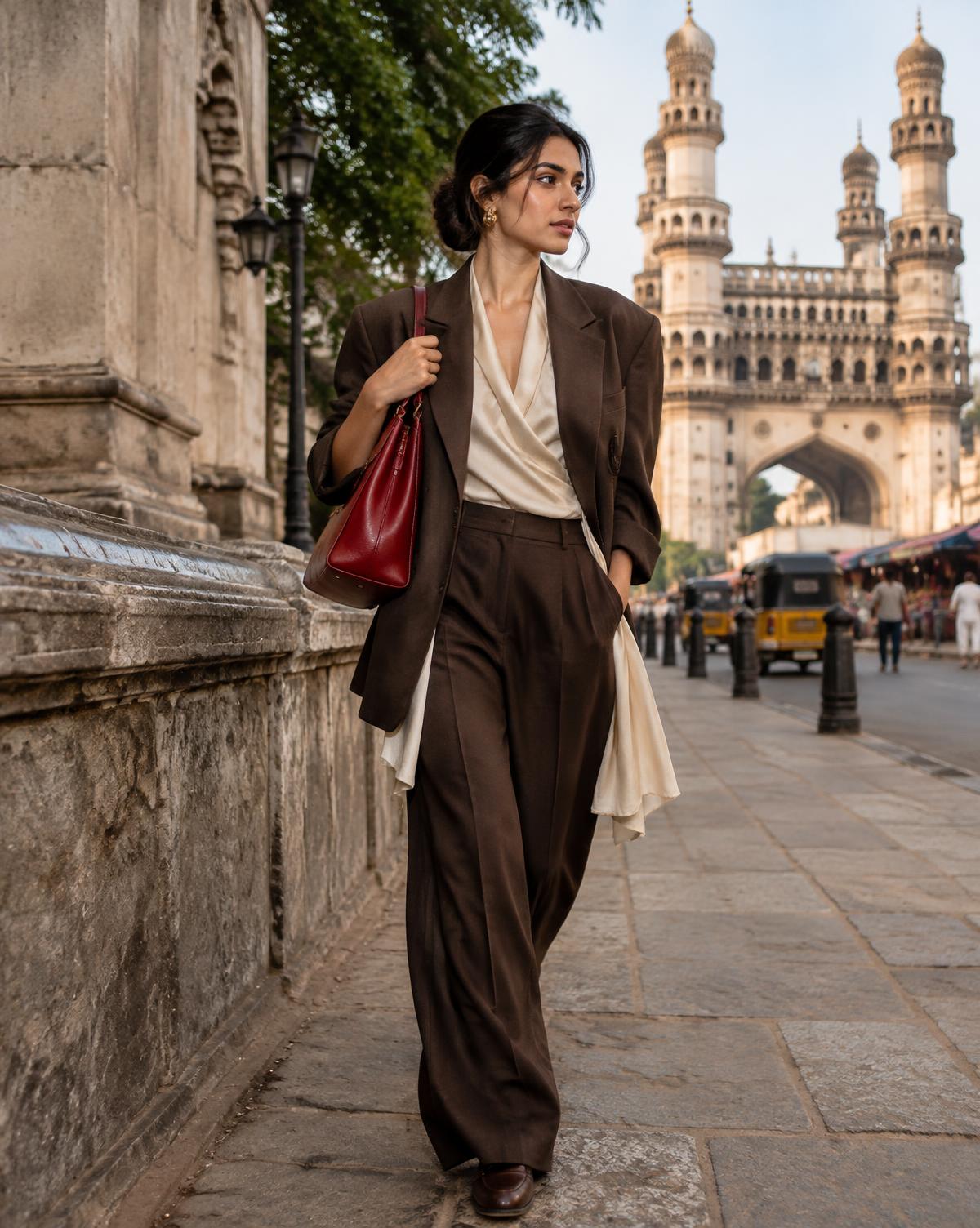 Woman in chocolate tailoring and cream silk in Hyderabad