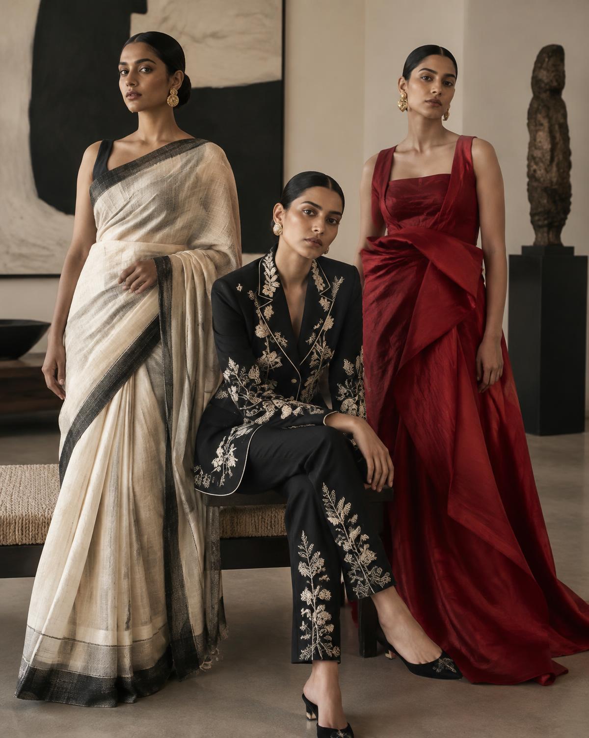 Three women in contemporary Indian craft-led fashion