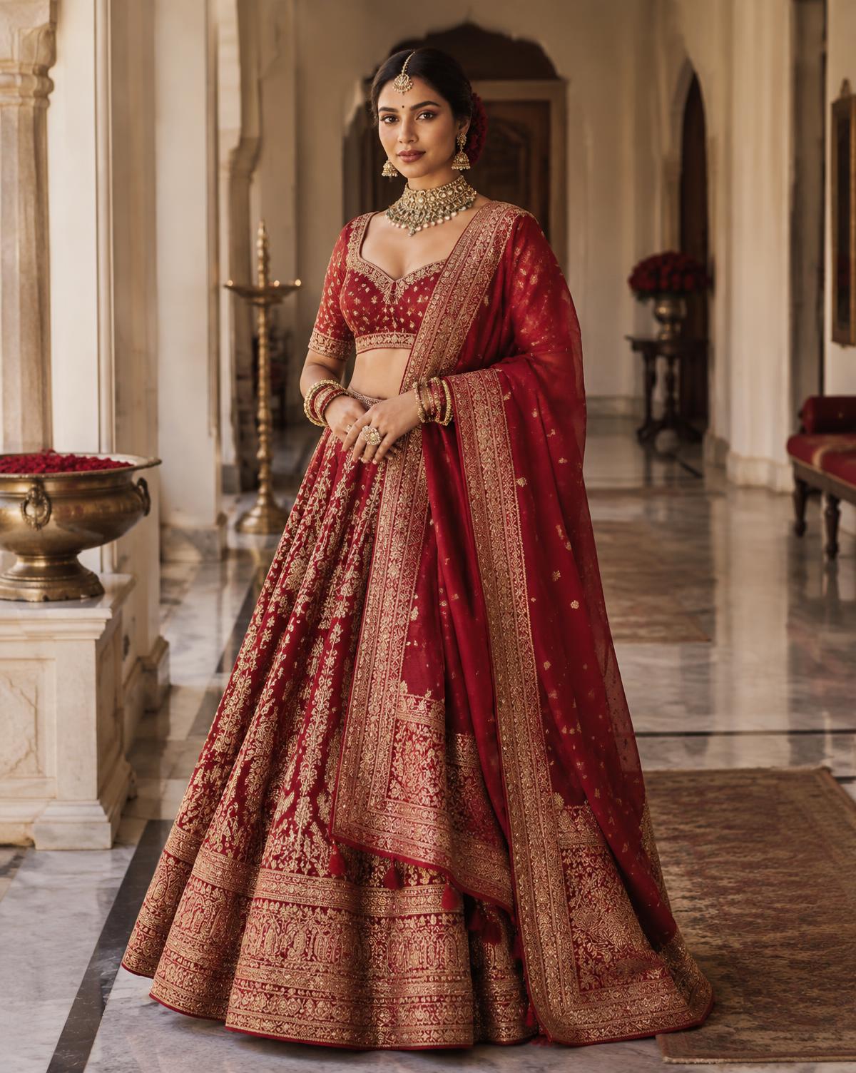 Modern Indian bride in a rich vermillion lehenga