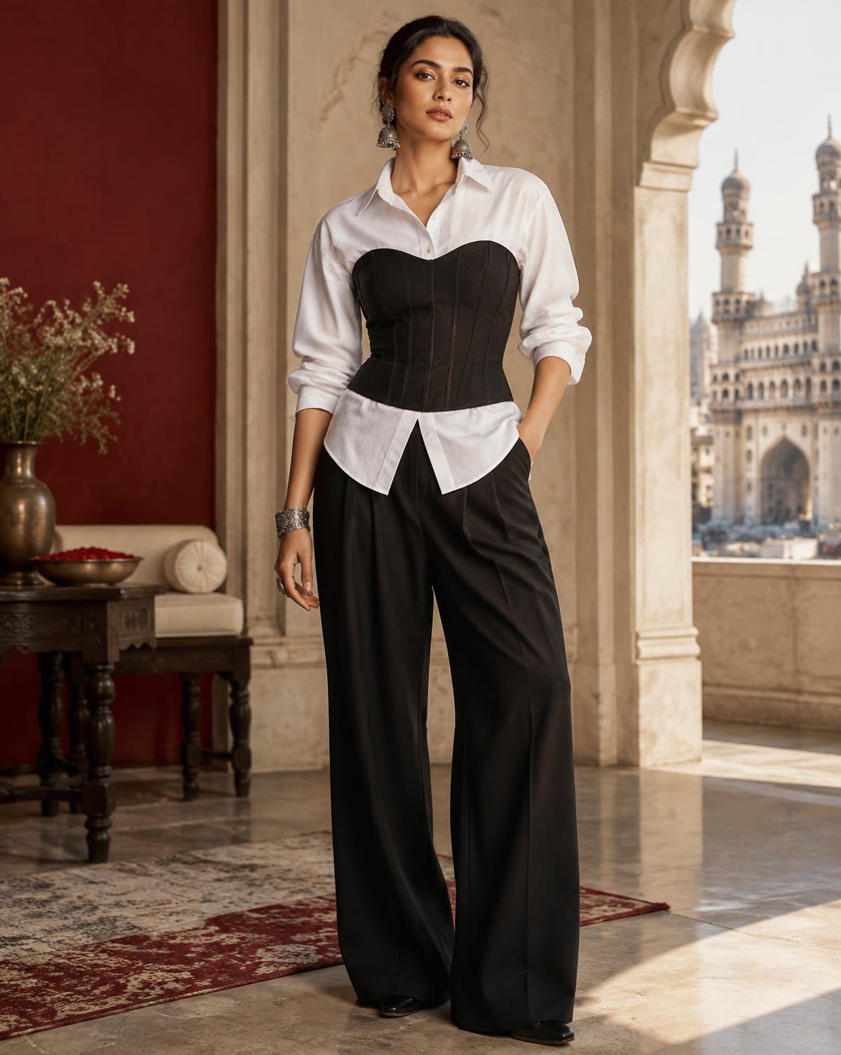 Woman wearing a white shirt, black corset and fluid trousers
