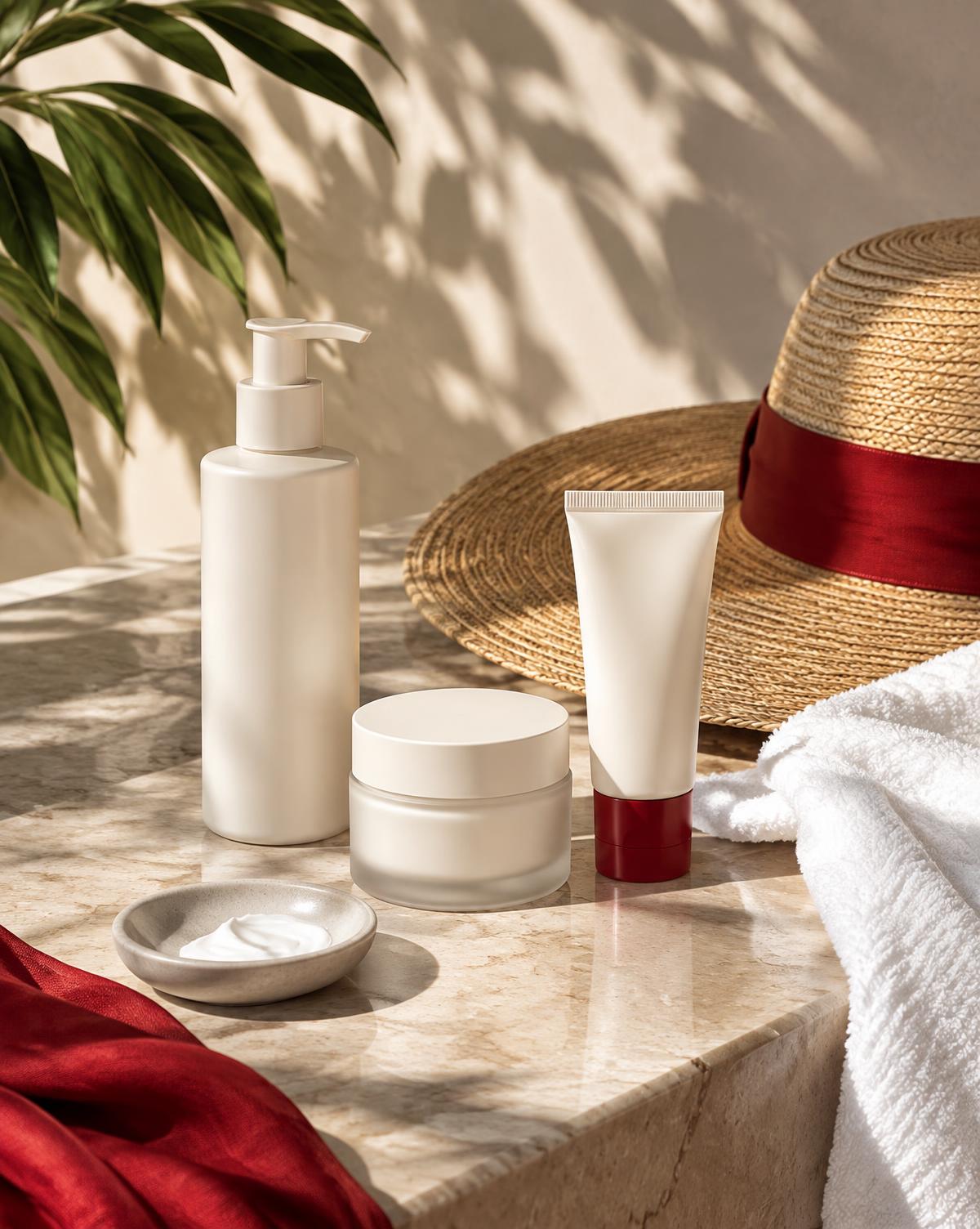 Minimal cleanser, moisturiser and sunscreen on a sunlit vanity