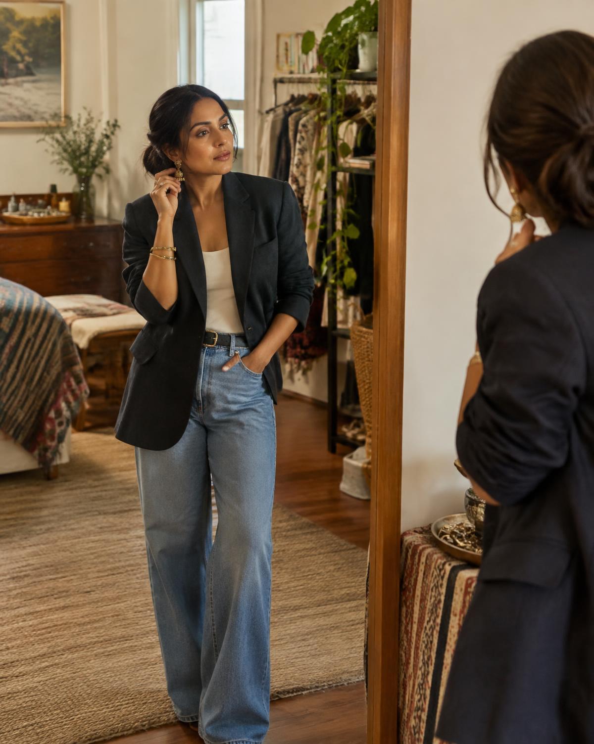 Woman composing an outfit in front of a mirror